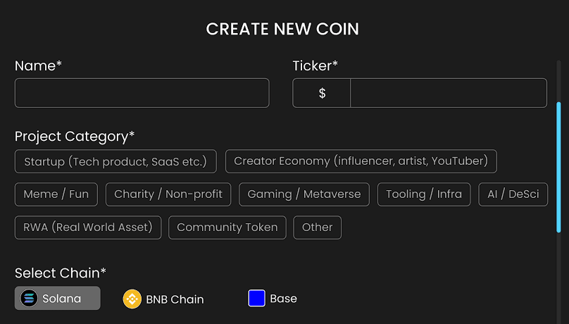 Create New Coin Form showing token creation interface with categories and chain selection